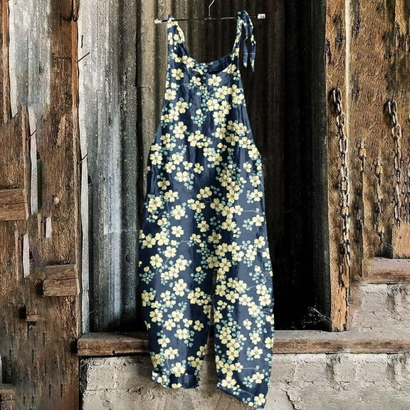 LEBONYARD Black Women's Suspenders Pants-Adjustable Straps Design,Ladies' Printed Sleeveless Casual Overalls Jumpsuit Jumpsuit Pants Navy M