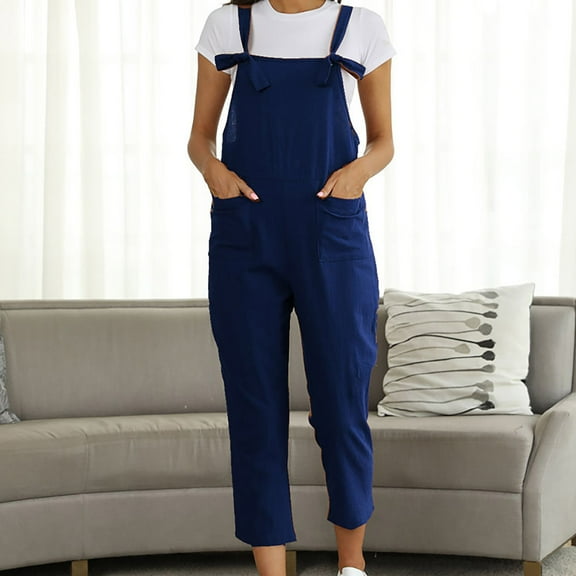 LEBONYARD Black Women's Suspenders Pants-Adjustable Straps Design,Women's Summer Casual Solid Pocket Romper Long Playsuit Strap Button Jumpsuit Dark Blue S
