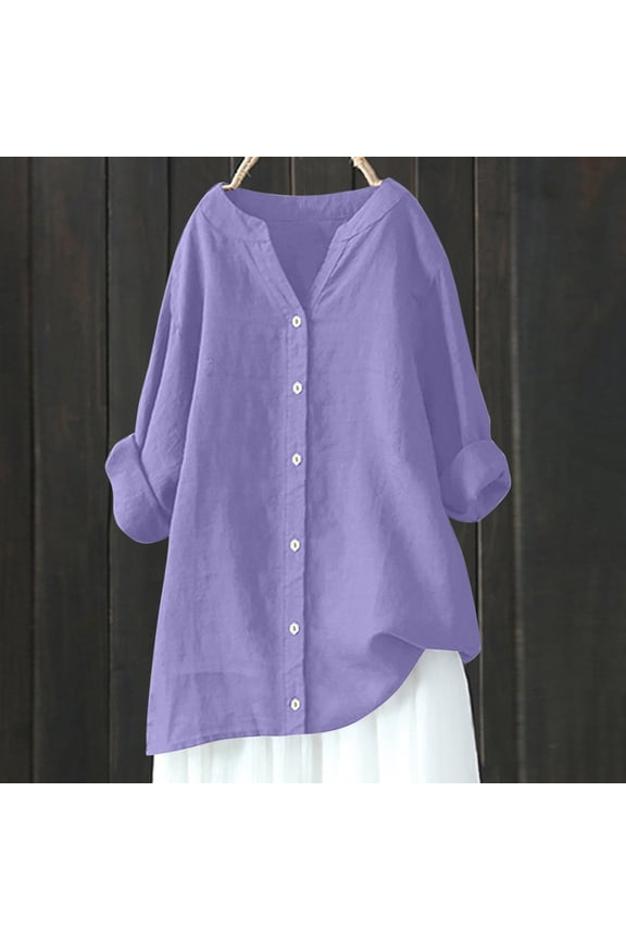 Blouses for Women $5,Womens Tops 3/4 Sleeve spring,Women's V-Neck Long Sleeve Loose Button Cotton and Linen Tunic Summer Blouse Purple XXL