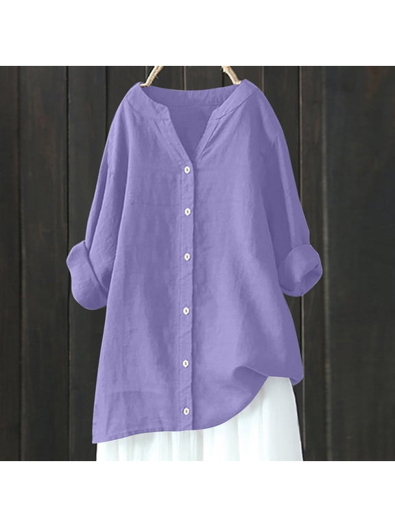 Blouses for Women $5,Womens Tops 3/4 Sleeve spring,Women's V-Neck Long Sleeve Loose Button Cotton and Linen Tunic Summer Blouse Purple XXL