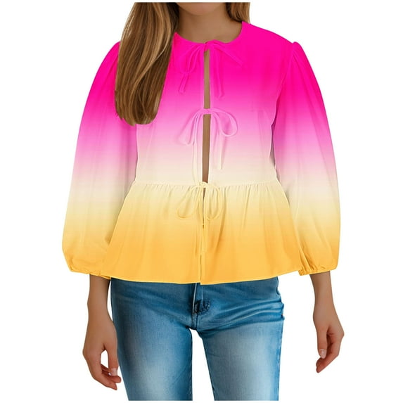 LEBONYARD Blouses for Women 2024 Plus Size Tops ClearanceWomen's Long Sleeved Regular Casual Tie Rope Shirt With Bubble Sleeve Top Hot Pink L