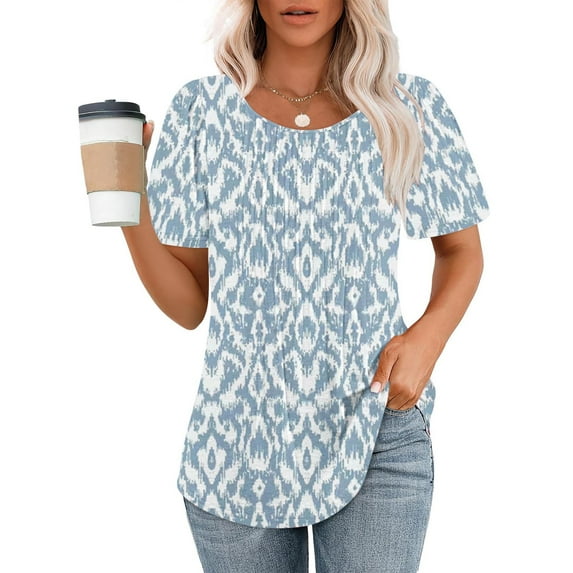 LEBONYARD Blouses for Women Clearance $5,Fashionable Women's Casual Short Sleeved Loose Round Neck Printed Top Light Blue L