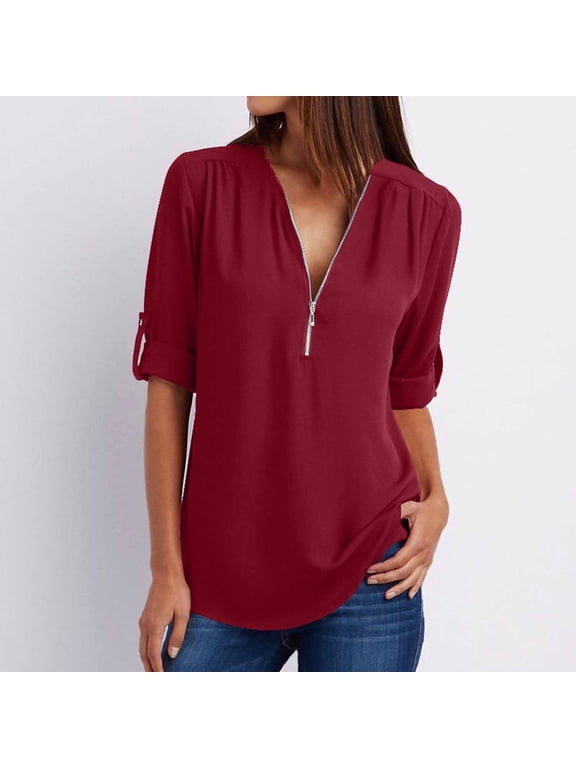 Blouses for Women $5,Women's Summer Long Sleeve Zip Casual Tunic V-Neck Rollable Blouse Tops Wine XXL