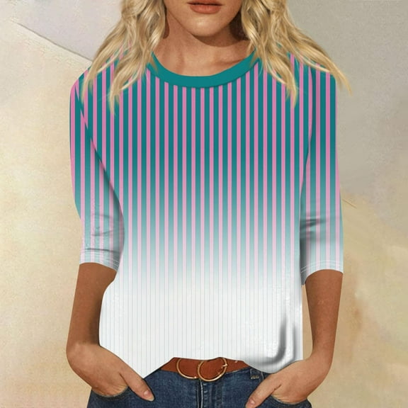 LEBONYARD Blouses for Women Fashion Casual,Women's Fashion Printed T-shirt 3/4 Sleeves Blouse Round Neck Casual Tops Blue L