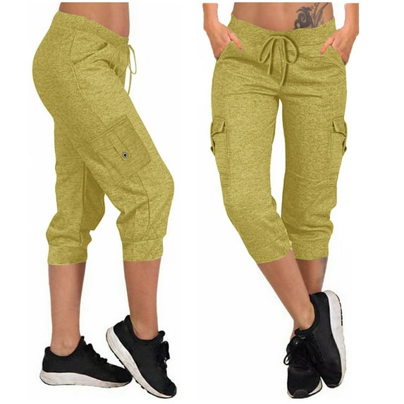 LEBONYARD Capri Leggings for Women Summer,Leggings for Women fashion deals,Women's Yoga Pants Loose Soft Drawstring Workout Sweatpants Outdoor Athletic Causal Pants with Pockets Cargo Capris Khaki S