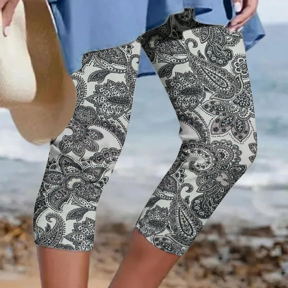 LEBONYARD Capri Pants for Women Summer Casual,Womens Athletic Cropped Pants Floral Printing Casual Elastic Waist Beach Pants Gray XXXL