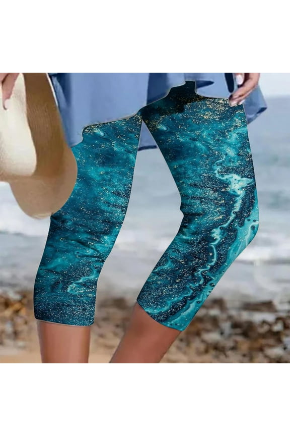Capris for Women Plus Size Clearance,Capris for Women Elastic Waist 2024 clearance,Womens Athletic Cropped Pants Floral Printing Casual Elastic Waist Beach Pants Sky Blue XXXL