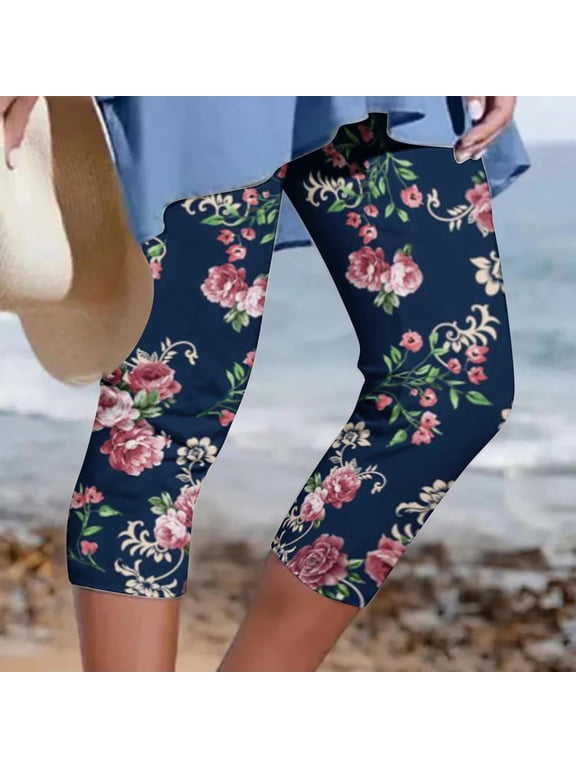 Capris for Women Leggings,Womens Athletic Cropped Pants Floral Printing Casual Elastic Waist Beach Pants Navy S