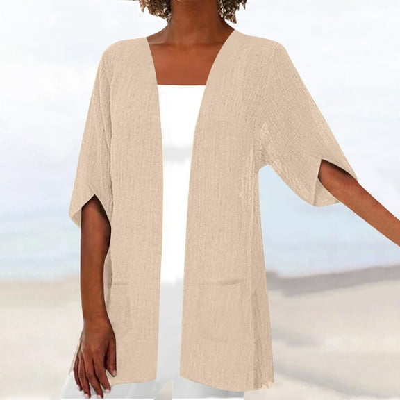 LEBONYARD Cardigan Sweaters for Women Dressy,Womens Cardigans Sweaters Long Sleeve Summer Fall,Women's Casual Cotton and Linen Medium Sleeved Pocket Cardigan T-Shirt Top Beige XL