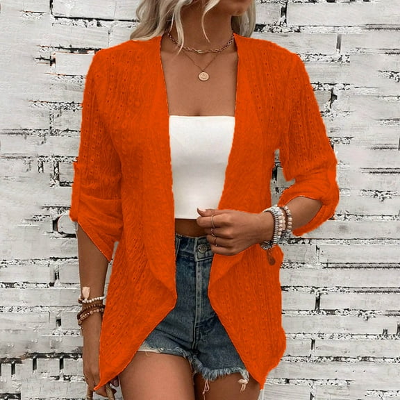 LEBONYARD Cardigan for Women Trendy,Womens Cardigan Lightweight Soft Knit Crew Neck Summer Fall,Women's Color Casual Cardigan Llong Sleeve Button Blouse Coat Tops Orange S