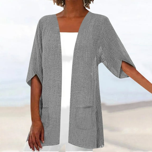 LEBONYARD Cardigan for Women Lightweight Cropped Cardigans,Women's Casual Cotton and Linen Medium Sleeved Pocket Cardigan T-Shirt Top Gray S