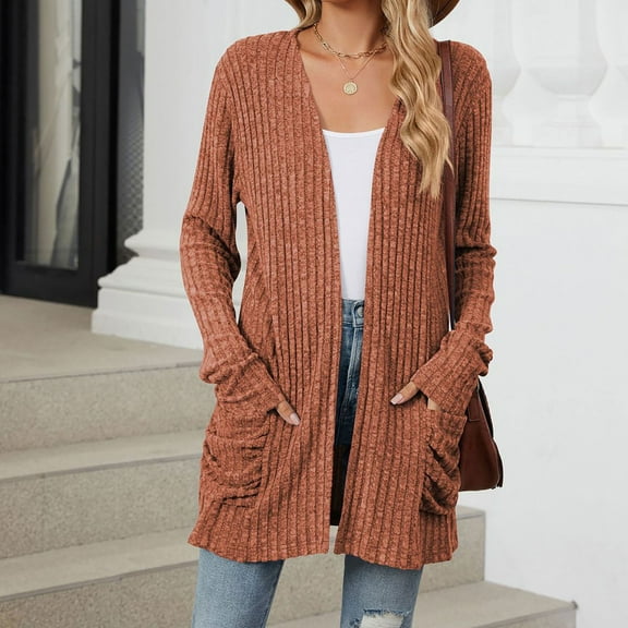 LEBONYARD Cardigans for Women,Women's Fashion Brushed Stripe Sweaters Long Sleeve Cardigan Coat Orange S
