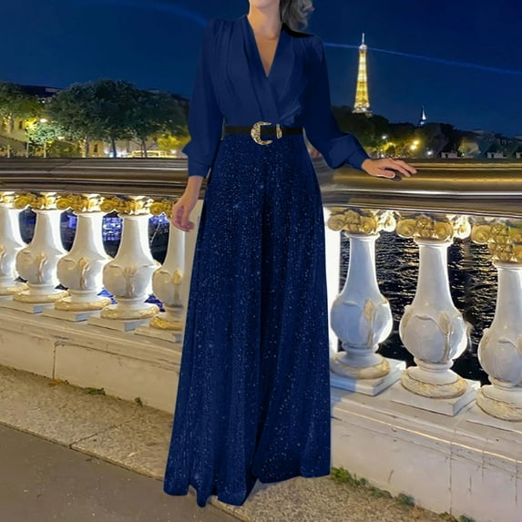 LEBONYARD Cargo Pocket Jumpsuits for Women,Woman Fashion Sequin Solid Color Splice V- Sleeve Long Sleeve Jumpsuit Long Pants Dark Blue XL