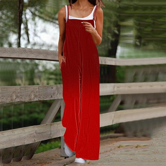 LEBONYARD Cargo Pocket Jumpsuits for Women,Women's Casual Sleeveless Strap Printed Spaghetti High Waist Wide Leg Jumpsuit Rompers with Pocket Red S