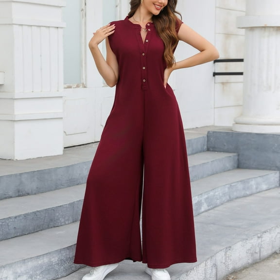 LEBONYARD Cargo Pocket Jumpsuits for Women,Womens Fashion Plus Size Solid Color Summer Casual Sleeveless Button Jumpsuit Long Pants Wine L