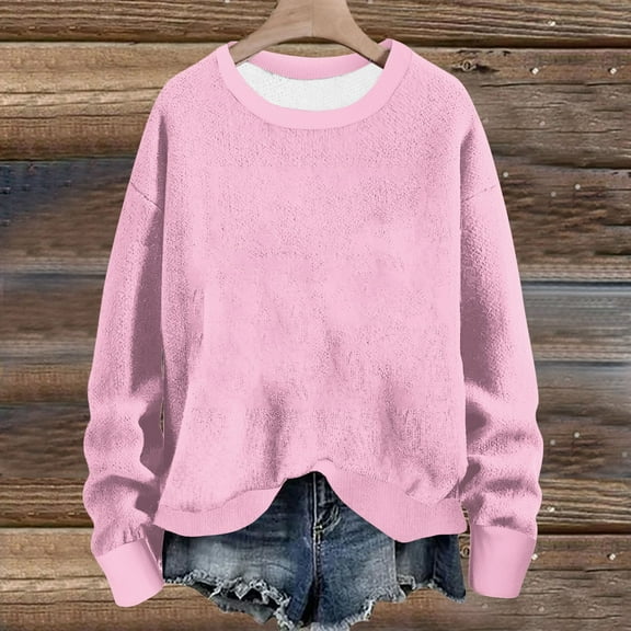 LEBONYARD Christmas Print Tops for Women,Womens Tops Long Sleeve,Women's Casual Solid Round Neck Long Sleeve Pullover Top Sweatshirts Pink S