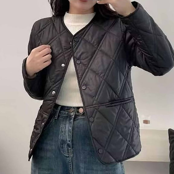 LEBONYARD Clearance Coats for Women Plus Size,Jackets for Women Clearance under $10,Women's Fashionable Diamond Plaid Round Neck Single Breasted Lightweight Warm Cotton Jacket Black M