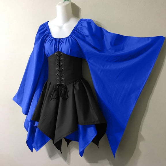 LEBONYARD Dresses for Women,Wedding Guest Dresses for Women,Women Costumes Gothic Sleeve Corset Dresses Round-Neck Knee-High Dress Blue XXXL