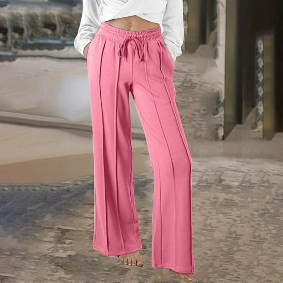 LEBONYARD Clearance Pants for Women under $10,Wide Leg Pants Woman Linen Pants,Fashion Women Casual Loose Drawstring Elastic Waist Pocket Trousers Pants Pink L