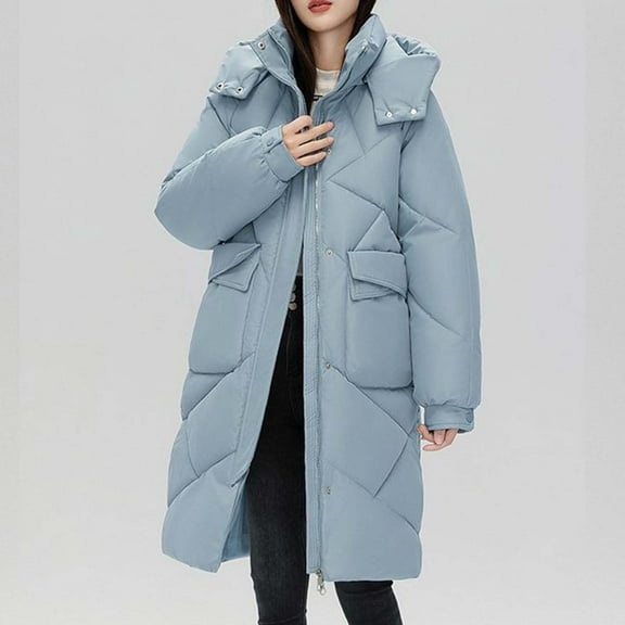 LEBONYARD Coats for Women Plus Size,Fall Jackets for Women 2024 with Hood,Women's Fashion Loose Long Sleeve Cotton-Padded Jacket Long Frock Coat Blue M
