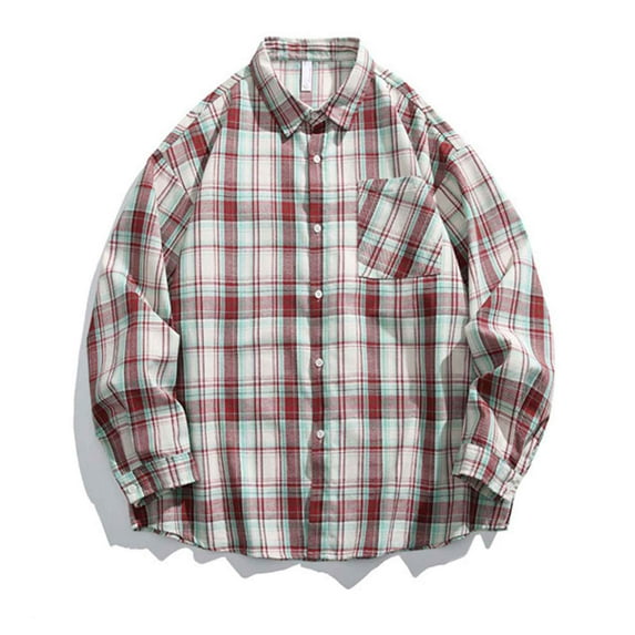 LEBONYARD Coats for Men Clearance,Flannel Shirt for Men,Men Casual Printing Pocket Long Sleeve Turndown Collar Blouse Shirt Red XL