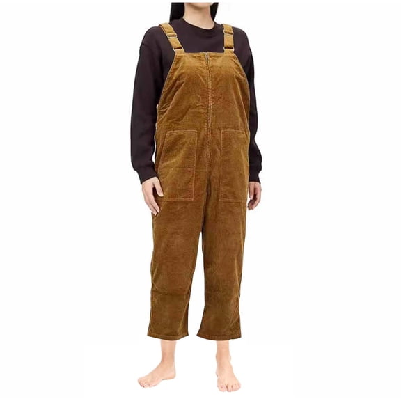 LEBONYARD Corduroy Jumpsuits for Women - Fall Winter Warmth,Women's Solid Color Suspenders Zipper Pockets Jumpsuit Brown L