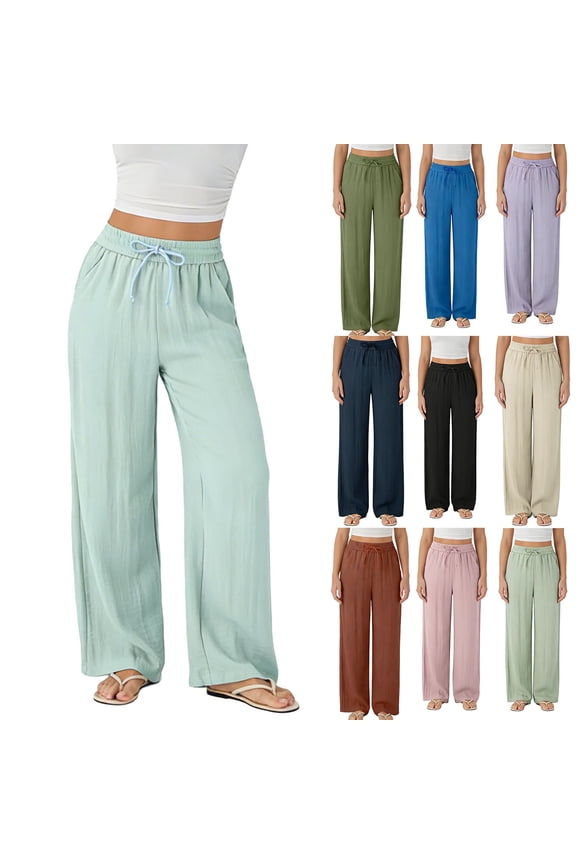 Dress Pants,Women's Drawstring Waist Wide-Leg Pants In Soft Brushed Fabric Dark Blue XXXL