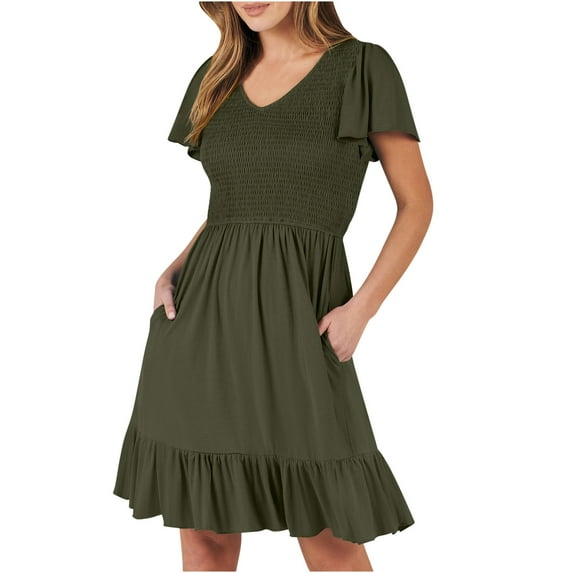 LEBONYARD Dresses for Women 2024 Casual Summer,Women's Summer Mini Dresses Round Neck Casual Smocked Puff Sleeve Cute Short Dress with Pockets Army Green M