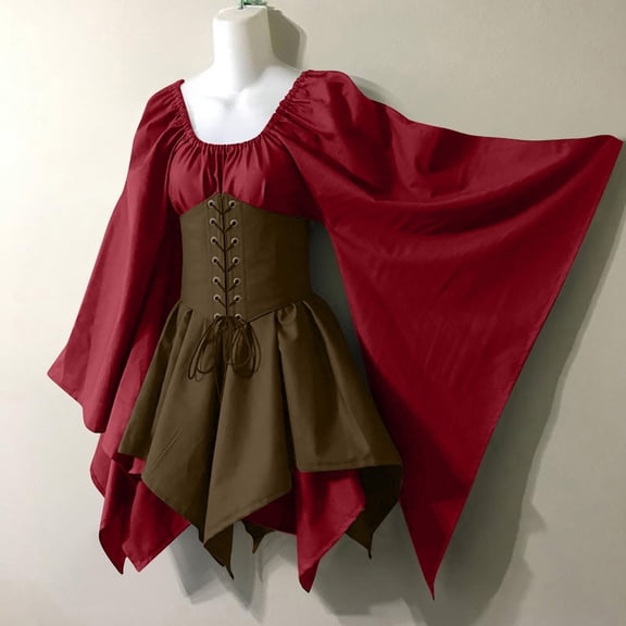 LEBONYARD Dresses for Women Long Sleeve,Women Gothic Dress,Women Costumes Gothic Sleeve Corset Dresses Round-Neck Knee-High Dress Red L