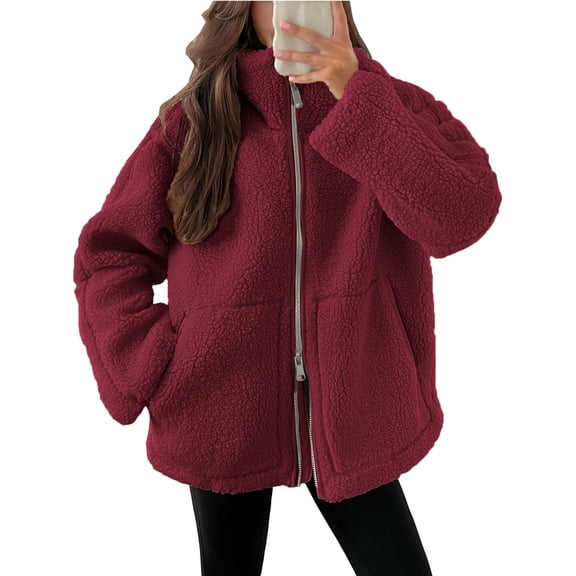 LEBONYARD Fall Outerwear for Women,Jackets for Women Clearance,Women's Solid Winter Faux Coats Long Sleeve Lapel Pockets Fleece Jacket Casual Trendy Outerwear Wine L