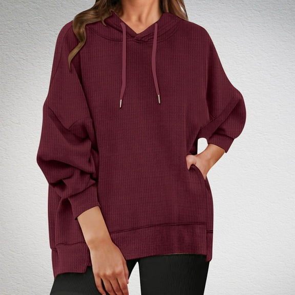 LEBONYARD Fall Round Neck Tops for Women,Women's Solid Color Casual Long Sleeve Pocket Loose Oversized Hoodies Pullover Sweatshirt Wine S