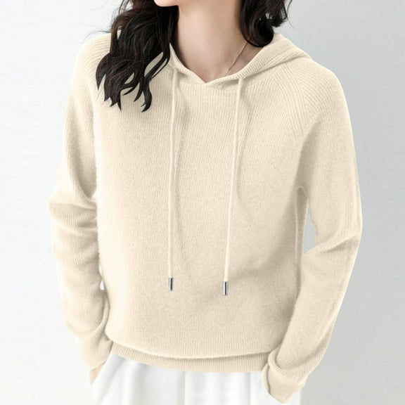 LEBONYARD Fall Round Neck Tops for Women,Womens Long Sleeve Shirts,Women's Casual Color Hooded Pocket Long Sleeved Sweater Jacket Beige M