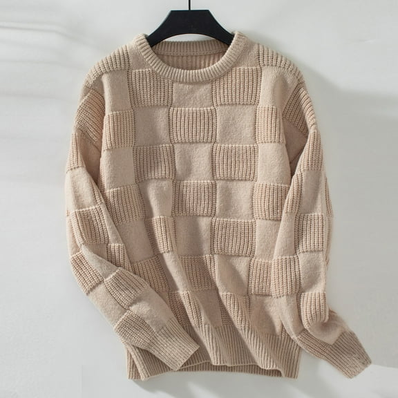 LEBONYARD Fall Sweaters Sales Clearance!Women's Winter Loose Sweater Long Sleeve Round Neck Sweater Top Beige#1 S