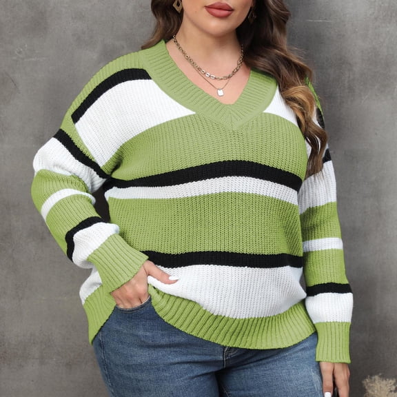 LEBONYARD Fall Sweaters Sales Clearance!Womens V-neck Pullover Large Size and Winter Contrasting Color Patchwork Fashionable Sweater V-neck Sweater Green XXL