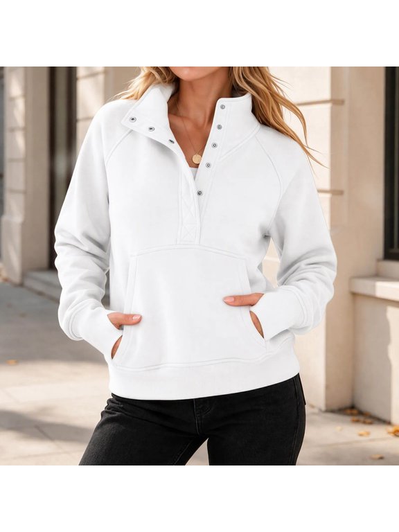Fall Sweatshirts for Women Button Stand Collar Long Sleeve Pullover