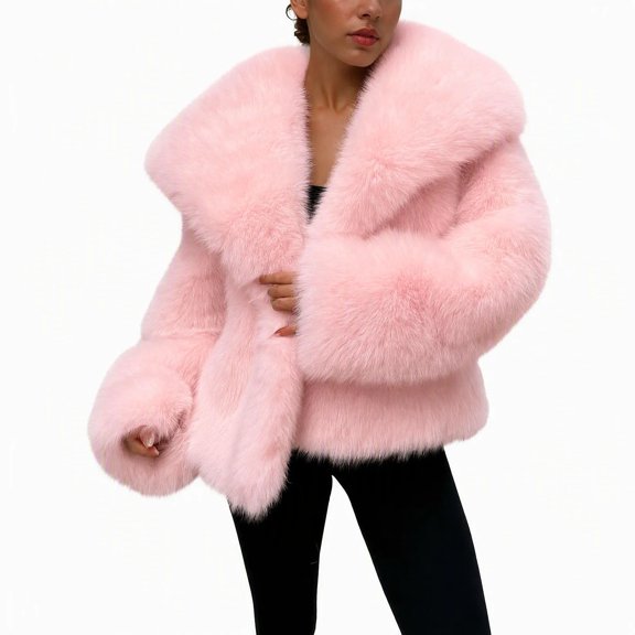 LEBONYARD Faux Fur Coat Women Short Long Sleeve Solid Wide Lapel Fuzzy Warm Womens Winter Coats