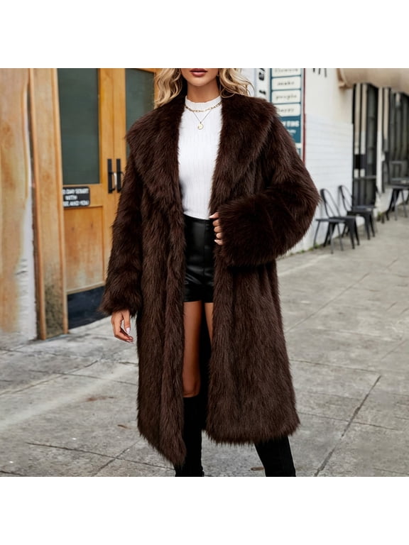 Faux Fur Coats for Women Lapel Collar Open Front Fuzzy Winter Jacket Long Winter Coats for Women