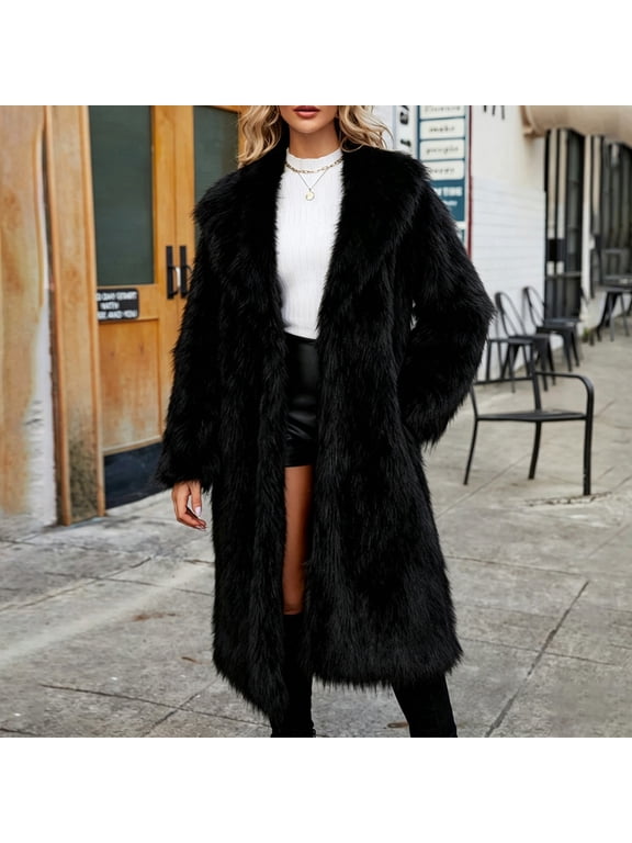 Faux Fur Coats for Women Lapel Collar Open Front Fuzzy Winter Jacket Long Winter Coats for Women