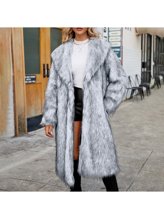 Faux Fur Coats for Women Lapel Collar Open Front Fuzzy Winter Jacket Long Winter Coats for Women