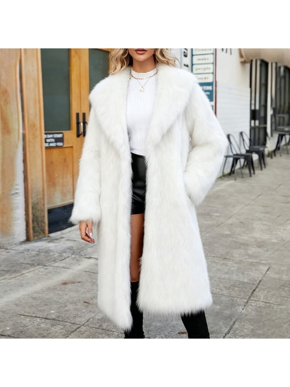 Faux Fur Coats for Women Lapel Collar Open Front Fuzzy Winter Jacket Long Winter Coats for Women
