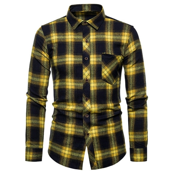 LEBONYARD Flannel Plaid Shirt Jacket for Men,New Men's Fashion Shirt Long Sleeve Collar Button Casual Slim Shirt Top Blouse Shirt Yellow 39