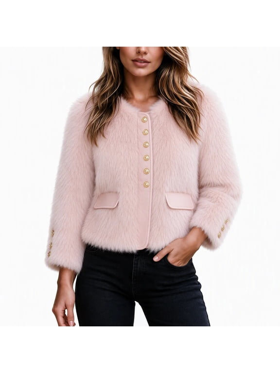 Fuzzy Faux Fur Coats for Women Cropped Jacket Long Sleeve Trendy Winter Outerwear