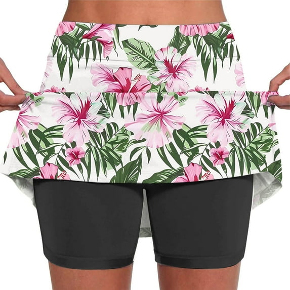 LEBONYARD Golf Skorts for Ladies,Women's Quick-Dry Performance Yoga Skort,Women's Summer Flower Print Pleated Tennis Skirts Stretchy Yoga Fake Two Piece Shorts Skirt Pink M