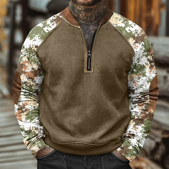 LEBONYARD Henley Sweatshirts for Men,Men's Camouflage Print Half Zipper Long Sleeved Top Long Sleeved Round Neck Top/shirt Camouflage S