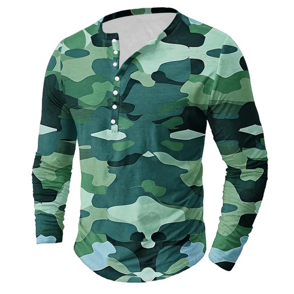 LEBONYARD Henley Sweatshirts for Men,Men's Camouflage Printing Button Casual Long Sleeve Round-Neck Blouses Shirts Camouflage XL