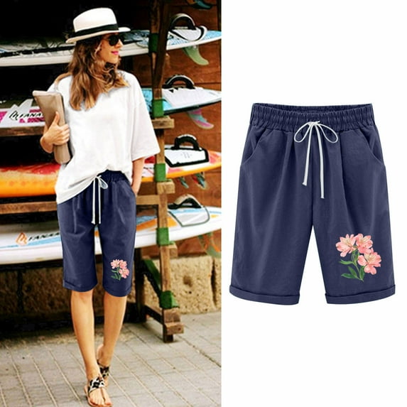 LEBONYARD High Waist Yoga Shorts for Women,Women's Shorts in Trendy Colors,Women's Elastic Waist Printing Drawstring Shorts Navy M