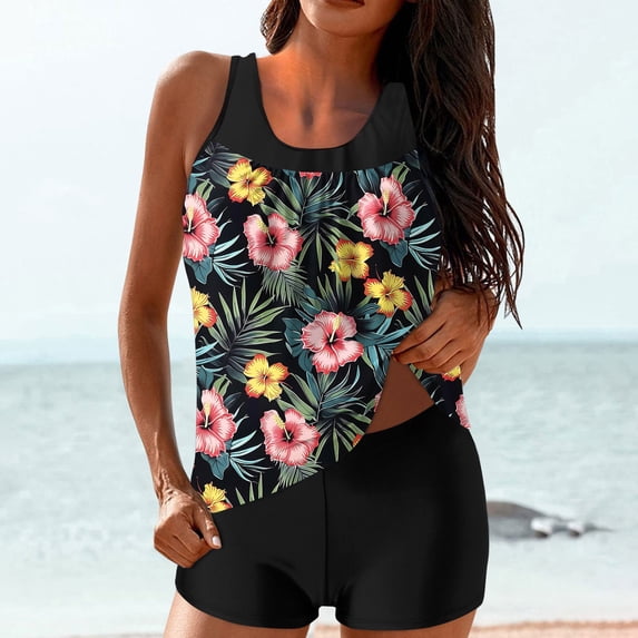 LEBONYARD High Waisted 2 Piece Bikini Set,Women Casual Conservative Print Strappy Black Set Two Piece Swimsuits Black L