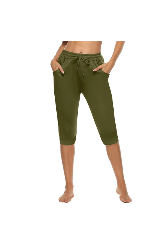 High Waisted Capris for Women,Women's Yoga Pants Loose Soft Drawstring Workout Sweatpants Outdoor Causal Pants with Pockets Army Green S