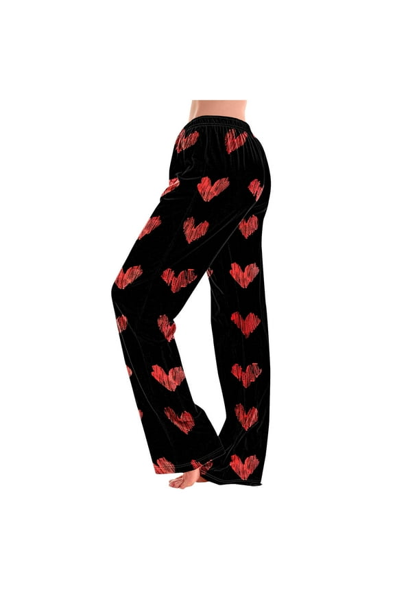 High Waisted Flowy Wide Leg Pants for Women,Women's Home Pocket Print Pajamas Daily Home Clothes Long Pants Black XXXL