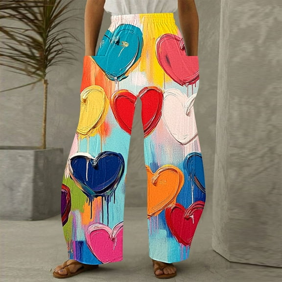 LEBONYARD Joggers for Women Plus Size,Women Casual Printing Pockets Elastic Mid-Waist Comfortable Wide-Legged Loose Pants Multicolor S